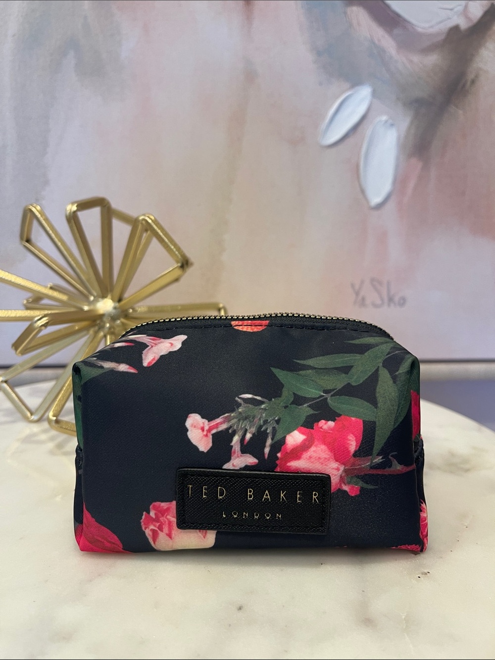 NWOT Ted Baker Black Floral Zip Cosmetic Case with Pink Flowers
